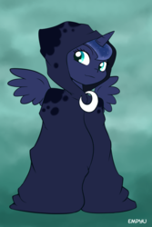 Size: 667x1000 | Tagged: safe, artist:empyu, princess luna, spirit of hearth's warming yet to come, g4, cloak, clothes, female, solo, spread wings