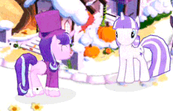 Size: 387x250 | Tagged: safe, gameloft, screencap, snowfall frost, starlight glimmer, twilight velvet, pony, unicorn, a hearth's warming tail, g4, animated, butt, clothes, cute, dancing, eyes closed, female, game, gameloft shenanigans, gif, glimmerbetes, hat, mare, open mouth, plot, pumpkin, smiling, top hat