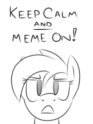 Size: 600x800 | Tagged: safe, artist:glimglam, oc, oc only, oc:generic monochrome meme horse, keep calm and carry on, meme, monochrome, open mouth, simple background, solo, white background