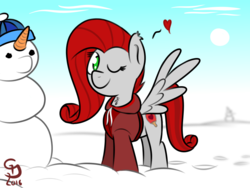Size: 800x600 | Tagged: safe, artist:glimglam, oc, oc only, oc:paddles love, pegasus, pony, pony town, chest fluff, clothes, ear fluff, heart, hoodie, looking at you, one eye closed, snow, snowman, solo, wink, winter
