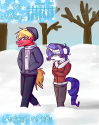 Size: 540x683 | Tagged: safe, artist:fluffyrainbowkitty, big macintosh, rarity, earth pony, anthro, g4, clothes, cute, height difference, male, scarf, ship:rarimac, shipping, snow, straight, winter