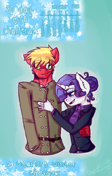 Size: 436x683 | Tagged: safe, artist:fluffyrainbowkitty, big macintosh, rarity, earth pony, anthro, g4, clothes, cute, height difference, male, scarf, ship:rarimac, shipping, snow, straight, winter