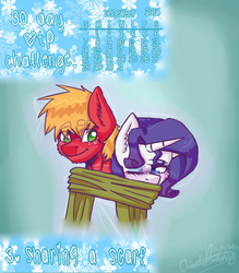 Size: 488x556 | Tagged: safe, artist:fluffyrainbowkitty, big macintosh, rarity, earth pony, unicorn, anthro, g4, 30 day otp challenge, clothes, cute, height difference, male, scarf, shared clothing, shared scarf, ship:rarimac, shipping, snow, straight, winter