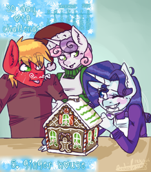 Size: 488x556 | Tagged: safe, artist:fluffyrainbowkitty, big macintosh, rarity, sweetie belle, earth pony, anthro, g4, 30 day otp challenge, clothes, cute, gingerbread house, height difference, male, ship:rarimac, shipping, straight, winter