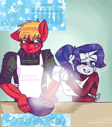 Size: 488x556 | Tagged: safe, artist:fluffyrainbowkitty, big macintosh, rarity, earth pony, anthro, g4, 30 day otp challenge, clothes, cooking, cute, height difference, male, scarf, ship:rarimac, shipping, snow, straight, winter