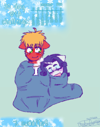 Size: 484x610 | Tagged: safe, artist:fluffyrainbowkitty, big macintosh, rarity, earth pony, anthro, g4, 30 day otp challenge, blanket, clothes, cute, height difference, male, scarf, ship:rarimac, shipping, sleeping, snoring, snow, snuggling, straight, winter