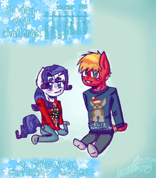 Size: 488x556 | Tagged: safe, artist:fluffyrainbowkitty, big macintosh, rarity, earth pony, anthro, g4, 30 day otp challenge, clothes, cute, height difference, male, ship:rarimac, shipping, straight, winter