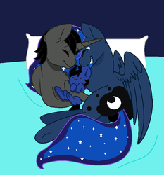 Size: 731x783 | Tagged: safe, artist:theponythatdraws, king sombra, princess luna, oc, oc:blue moon, pony, g4, a better ending for sombra, good end, male, offspring, parent:king sombra, parent:princess luna, parents:lumbra, reformed sombra, ship:lumbra, shipping, straight, trio, what if