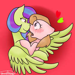 Size: 2000x2000 | Tagged: safe, artist:graceyriver, oc, oc only, oc:gracey river, pony, duo, female, heart, high res, hug, lesbian, oc x oc, shipping, tongue out