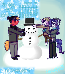 Size: 488x556 | Tagged: safe, artist:fluffyrainbowkitty, big macintosh, rarity, sweetie belle, earth pony, unicorn, anthro, g4, 30 day otp challenge, clothes, cute, hat, height difference, male, scarf, ship:rarimac, shipping, snowman, straight, top hat, winter