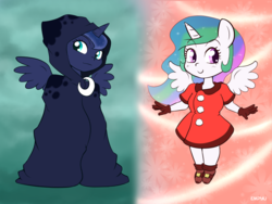 Size: 1333x1000 | Tagged: safe, artist:empyu, princess celestia, princess luna, spirit of hearth's warming yet to come, anthro, plantigrade anthro, g4, cloak, clothes, cute, cutelestia, dress, duo, gloves, lunabetes, royal sisters, smiling, spread wings