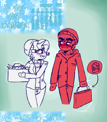 Size: 488x556 | Tagged: safe, artist:fluffyrainbowkitty, big macintosh, rarity, earth pony, anthro, g4, 30 day otp challenge, clothes, cute, height difference, male, present, ship:rarimac, shipping, straight, winter