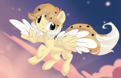 Size: 1988x1284 | Tagged: safe, artist:xsidera, oc, oc only, oc:chocolate chip, food pony, original species, female, flying, food, mare, solo