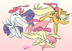 Size: 1000x707 | Tagged: safe, artist:crackiepipe, applejack, fluttershy, rarity, g4, bow, gradient background, tail bow, trio