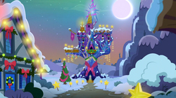 Size: 1024x575 | Tagged: safe, screencap, pony, a hearth's warming tail, g4, christmas lights, hearth's warming, ponyville, scenery, snow, twilight's castle