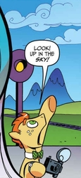 Size: 251x546 | Tagged: safe, artist:andypriceart, idw, princess celestia, g4, spoiler:comic, bowtie, camera, comic, dc comics, jimmy olsen, juxtaposition bait, pointing, ponified, red hair, red mane