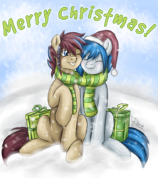 Size: 1600x1800 | Tagged: safe, artist:puggie, oc, oc only, oc:huyana, oc:rena heartstep, christmas, clothes, cuddling, eyes closed, merry christmas, present, scarf, snow, snuggling