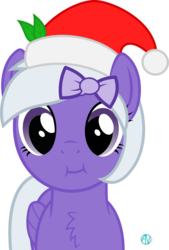 Size: 1800x2655 | Tagged: safe, artist:arifproject, oc, oc only, oc:comment, pegasus, pony, derpibooru, g4, :i, arif's christmas pones, arif's scrunchy pone, chest fluff, christmas, cute, derpibooru ponified, female, hair accessory, hat, leaf, looking at you, mare, meta, ponified, ribbon, santa hat, simple background, solo, transparent background, vector