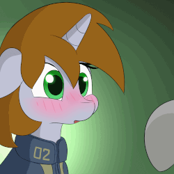 Size: 1000x1000 | Tagged: safe, artist:n0nnny, oc, oc only, oc:homage, oc:littlepip, pony, unicorn, fallout equestria, :o, aggressive booping, animated, blushing, boop, clothes, cute, fanfic, fanfic art, female, floppy ears, frame by frame, gif, gradient background, horn, jumpsuit, mare, n0nnny's boops, nose wrinkle, oc x oc, offscreen character, open mouth, ship:pipmage, shipping, simple background, solo focus, vault suit, wide eyes