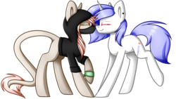 Size: 2560x1440 | Tagged: safe, artist:despotshy, oc, oc only, oc:drawing heart, earth pony, pony, unicorn, art trade, augmented tail, clothes, female, hoodie, mare, mask, nuzzling, simple background, transparent background