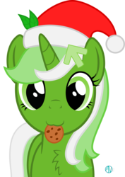Size: 1808x2547 | Tagged: safe, artist:arifproject, oc, oc only, oc:upvote, pony, unicorn, derpibooru, g4, :3, arif's christmas pones, arif's scrunchy pone, chest fluff, christmas, cookie, cute, derpibooru ponified, female, fluffy, food, hair accessory, hat, holiday, leaf, looking at you, mare, meta, mouth hold, nom, ponified, santa hat, simple background, smiling, solo, transparent background, vector
