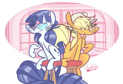 Size: 1280x879 | Tagged: safe, artist:crackiepipe, applejack, rarity, g4, lipstick, sitting, stool