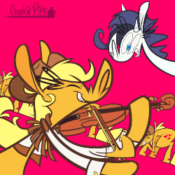 Size: 500x500 | Tagged: safe, artist:crackiepipe, applejack, rarity, g4, angry, animated, chaos, crazy face, dancing, eye twitch, faic, female, gif, happy, jackletree, multeity, musical instrument, purple background, simple background, smiling, violin