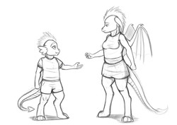 Size: 3507x2480 | Tagged: safe, artist:exelzior, princess ember, spike, dragon, anthro, g4, black and white, child, grayscale, high res, looking down, looking up, monochrome, simple background, sketch, teenaged dragon, teenager, white background