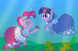 Size: 3250x2150 | Tagged: safe, artist:bladedragoon7575, pinkie pie, twilight sparkle, g4, :t, bubble, clothes, dignified wear, dress, eyes closed, gala dress, high res, holding breath, open mouth, puffy cheeks, smiling, underwater