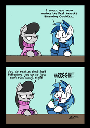 Size: 1748x2480 | Tagged: safe, artist:bobthedalek, dj pon-3, octavia melody, vinyl scratch, earth pony, pony, unicorn, g4, clothes, comic, cookie, duo, duo female, female, food, hearth's warming, high res, mare, mug, screaming, sweater, this will end in weight gain, unamused