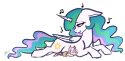 Size: 1024x502 | Tagged: safe, artist:peaceouttopizza23, princess celestia, oc, oc:eclipse, hybrid, g4, floppy ears, interspecies offspring, momlestia, mother and daughter, offspring, parent:discord, parent:princess celestia, parents:dislestia, prone, simple background, transparent background