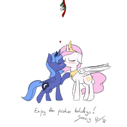 Size: 1831x1841 | Tagged: safe, artist:soccy, princess celestia, princess luna, alicorn, pony, g4, blushing, cewestia, cute, duo, eyes closed, female, filly, filly celestia, filly luna, heart, incest, kiss on the lips, kissing, lesbian, mistletoe, pink-mane celestia, royal sisters, s1 luna, ship:princest, shipping, simple background, white background, woona, younger