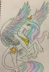 Size: 2207x3236 | Tagged: safe, artist:mscreepyplaguedoctor, princess celestia, classical unicorn, g4, cloven hooves, female, flying, high res, horn, leonine tail, simple background, solo, traditional art, unshorn fetlocks