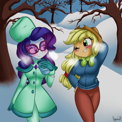 Size: 1024x1024 | Tagged: safe, artist:queentigrel, applejack, rarity, equestria girls, g4, bundled up, clothes, female, lesbian, pants, ship:rarijack, shipping, signature, snow, winter outfit