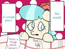 Size: 800x600 | Tagged: safe, artist:jeffmango, coco pommel, g4, bed, crying, dialogue, female, sad, solo