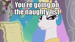 Size: 1280x720 | Tagged: safe, edit, edited screencap, screencap, princess celestia, g4, season 3, the crystal empire, angry, bitchlestia, caption, female, flower, glare, image macro, letter, looking at you, meme, quill, scroll, solo, text