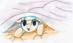 Size: 2574x1500 | Tagged: safe, artist:40kponyguy, derpibooru exclusive, coco pommel, g4, 30 minute art challenge, bedsheets, cocobetes, cute, female, happy, looking at you, peekaboo, solo, traditional art