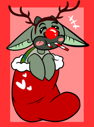 Size: 540x724 | Tagged: safe, artist:shibanana, oc, oc only, oc:mochrie the mock turtle, alice in wonderland, antlers, candy, candy cane, christmas, christmas stocking, floppy ears, food, mock turtle, red nose, solo