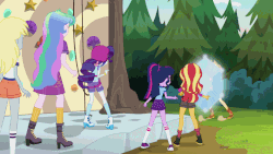 Size: 1000x563 | Tagged: safe, edit, edited screencap, screencap, applejack, princess celestia, principal celestia, rarity, sci-twi, spike, spike the regular dog, sunset shimmer, twilight sparkle, dog, earth pony, pony, equestria girls, g4, my little pony equestria girls: legend of everfree, animated, converse, female, filly, filly applejack, gif, human to pony, i can't believe it's not superedit, implied transformation, open mouth, running, shield, shocked, shoes, species swap, wat, wide eyes, younger