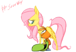 Size: 1024x698 | Tagged: safe, artist:frigg-fluff, fluttershy, g4, crossover, duo, friendshipping, hashtag, hat, hat off, hug, looking at each other, savewoy, simple background, wander (wander over yonder), wander over yonder, wander's hat, watermark, white background, winghug