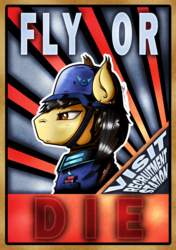 Size: 2567x3644 | Tagged: safe, artist:gray--day, oc, oc only, oc:reza, pony, clothes, frown, helmet, high res, lidded eyes, new lunar republic, poster, propaganda, recruitment poster, solo, stahlhelm, uniform