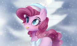 Size: 1192x710 | Tagged: dead source, safe, artist:mp-printer, pinkie pie, earth pony, pony, g4, blushing, clothes, cute, diapinkes, ear fluff, female, hat, scarf, snow, snowfall, solo, tongue out, winter