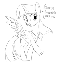 Size: 537x569 | Tagged: safe, artist:aureai-sketches, twilight sparkle, alicorn, pony, g4, caption, dialogue, female, monochrome, open mouth, raised hoof, simple background, sketch, smiling, solo, speech bubble, spread wings, twilight sparkle (alicorn), underhoof, white background, wip
