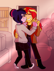 Size: 1433x1896 | Tagged: safe, artist:winterwithers, sci-twi, sunset shimmer, twilight sparkle, equestria girls, g4, alternate clothes, blushing, book, bookshelf, clothes, dancing, eyes closed, female, jacket, lesbian, plant, shelf, ship:sci-twishimmer, ship:sunsetsparkle, shipping, sweater