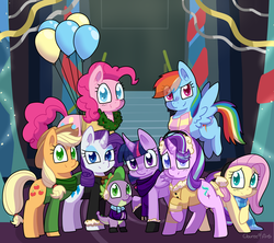 Size: 2130x1891 | Tagged: safe, artist:cloureed, applejack, fluttershy, pinkie pie, rainbow dash, rarity, spike, starlight glimmer, twilight sparkle, alicorn, pony, g4, balloon, christmas, christmas wreath, clothes, ear fluff, hat, jacket, looking at you, mane seven, mane six, scarf, streamers, twilight sparkle (alicorn), twilight's castle, wreath