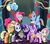 Size: 2130x1891 | Tagged: safe, artist:cloureed, applejack, fluttershy, pinkie pie, rainbow dash, rarity, spike, starlight glimmer, twilight sparkle, alicorn, pony, g4, balloon, christmas, christmas wreath, clothes, ear fluff, hat, jacket, looking at you, mane seven, mane six, scarf, streamers, twilight sparkle (alicorn), twilight's castle, wreath