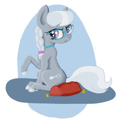 Size: 1105x1175 | Tagged: safe, artist:paskanaakka, derpibooru exclusive, silver spoon, pony, g4, female, glasses, looking at you, pillow, scrunchy face, sitting, solo