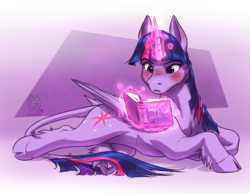 Size: 2250x1750 | Tagged: safe, artist:mykegreywolf, twilight sparkle, alicorn, classical unicorn, pony, blushing, book, cloven hooves, female, fifty shades of grey, glowing horn, leonine tail, magic, open mouth, reading, solo, telekinesis, twilight sparkle (alicorn), underhoof, unshorn fetlocks