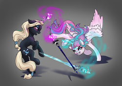 Size: 1024x725 | Tagged: safe, artist:joan-grace, princess flurry heart, oc, oc:selina, pony, unicorn, g4, female, just for fun, magic, mare, offspring, older, older flurry heart, parent:king sombra, parent:princess luna, parents:lumbra, sparring, story in the source, sword, warrior flurry heart, weapon