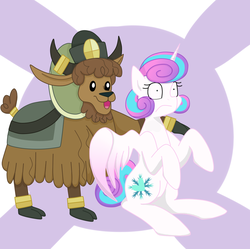 Size: 1024x1021 | Tagged: safe, artist:rosequartz1, princess flurry heart, yuffie, alicorn, pony, yak, g4, calf, cloven hooves, female, filly, horn, horn ring, male, older, older flurry heart, startled, story included, yak calf